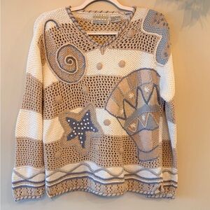 Vintage SIGRID OLSON Hand-Knitted Beach Motif Stripe Sweater